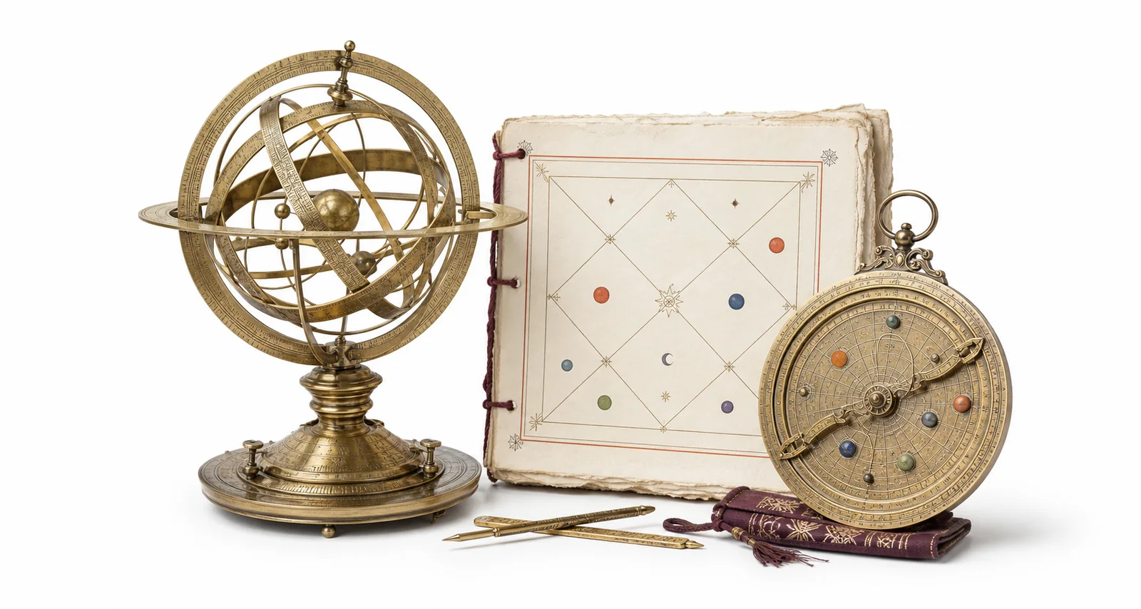 A brass astronomical instrument beside a North Indian Vedic birth chart
