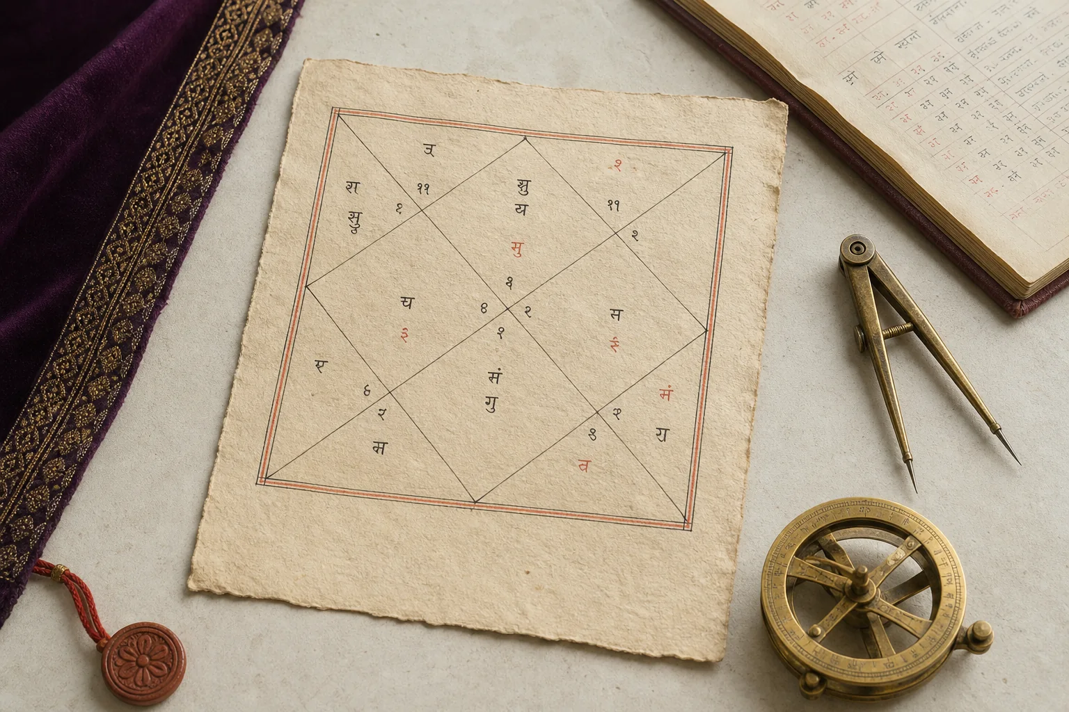 A North Indian Vedic birth chart with astronomical instruments