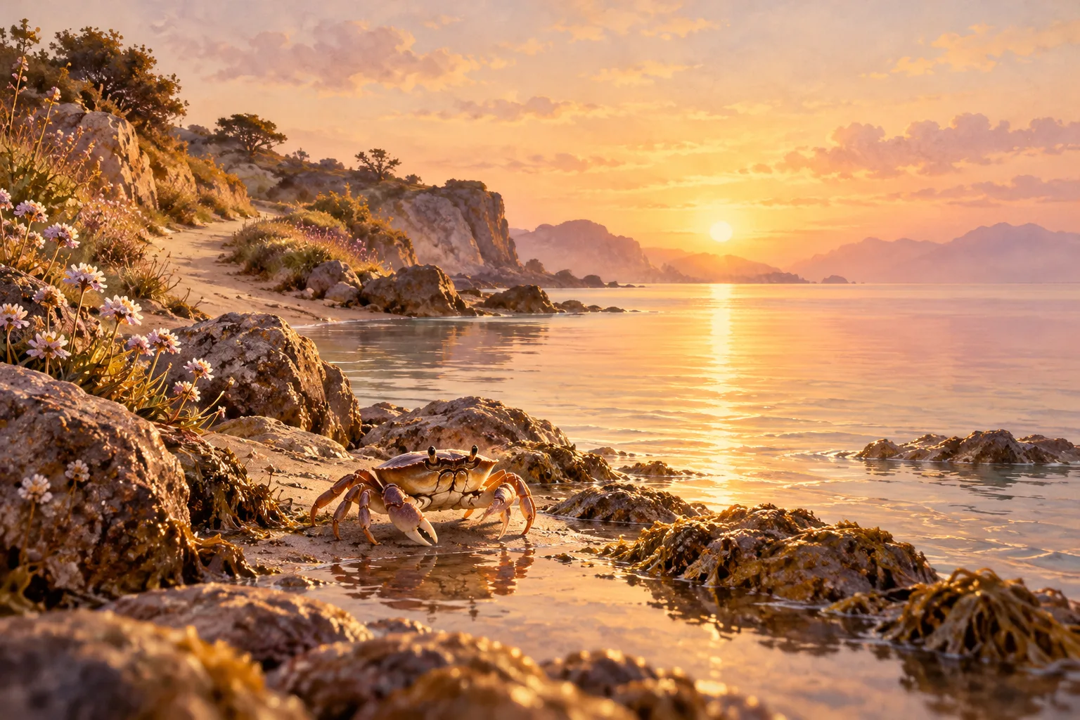 A small crab beside a sheltered shoreline at dawn.