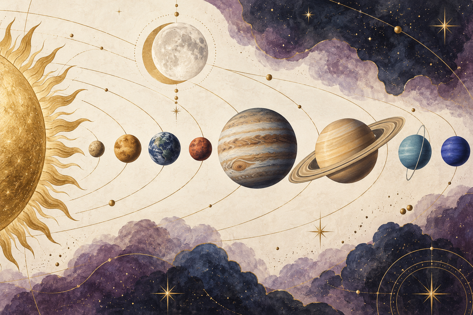 Decorative illustration of the Sun, Moon and planets