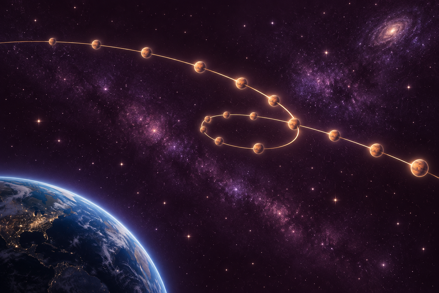 Conceptual looping planetary trail seen from Earth