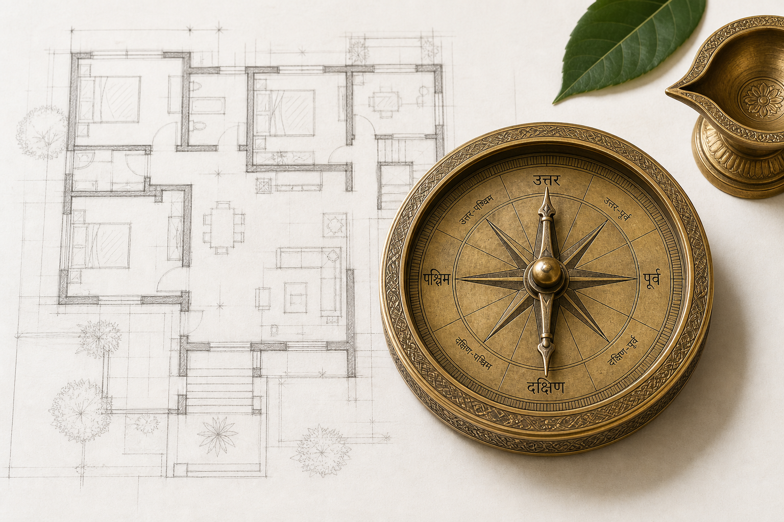 A brass directional compass on a residential floor plan